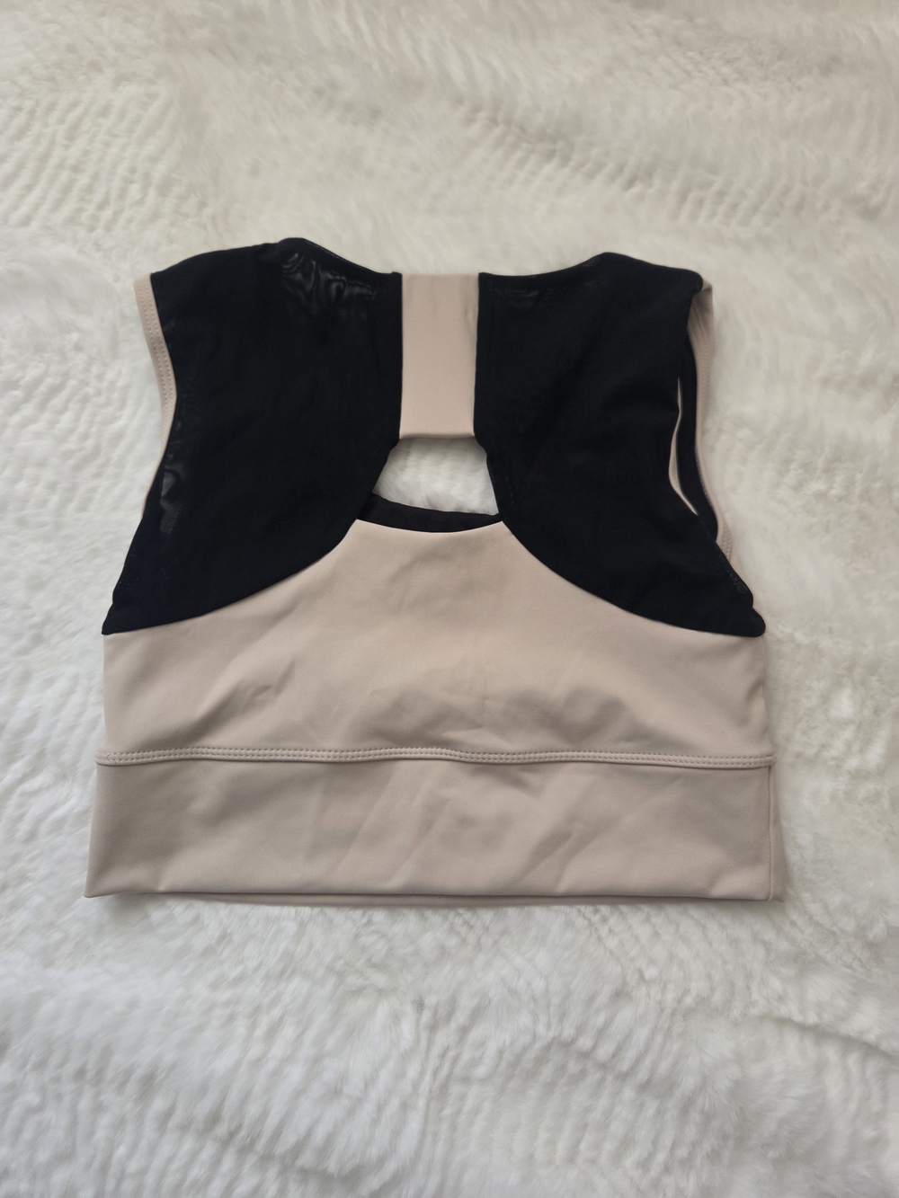 Beige and Black Athletic Crop Top with Lined Interior